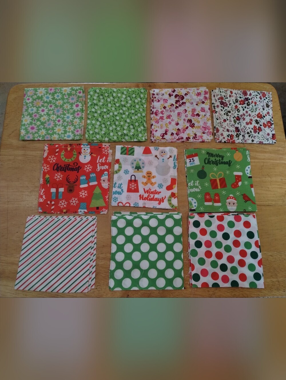 50 PC Christmas Fabric Squares 4x4 Holiday Quilt Scrap Sewing Craft Bundle Lot